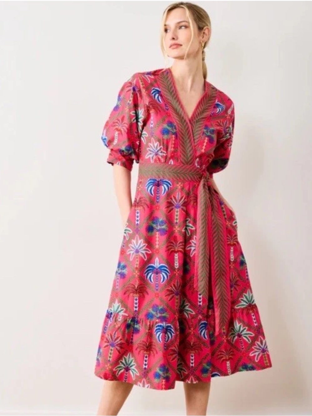 Printfresh Gabriela Wrap Dress Palm Tree Paradise Pink Sz L $228 Puff Sleeve